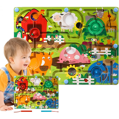 Joc Montessori de Sortare Culori, Cyrax, Creion Magnetic, Tip Labirint Ilustrat, din Lemn, Model Ferma, 39x29x1.5 cm