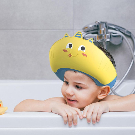 Casca de Dus, Cyrax, Previne Scurgerea Apei si Samponului pe Fata, 0-12 Ani, Ajustabila, din TPE+PP, 20 x 23 cm, Model Unicorn, Galben/Albastru