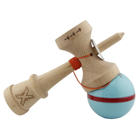Kendama X Originala Silken, Profesionala, Cyrax, Cupe Mari KING SIZE V3, Super Sticky, Gaura in Baza, Rulment Metalic, din lemn 18 cm, Ata 55 cm, Albastru deschis