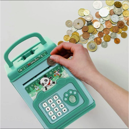 Pusculita pentru Copii, Cyrax, pusculita pentru economii SMART BOX cu efecte sonore, Tip ATM, cu Parola cu Amprenta, din plastic, 20 x 13.5 x 11.5 cm Verde