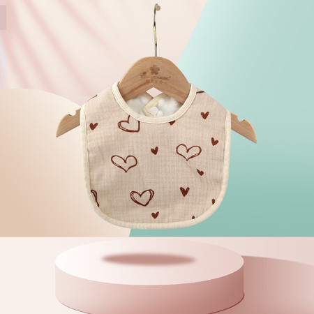 Baveta in Forma de U, Cyrax, din Bumbac, pentru Copii 0-12 Luni, Rezistenta la Apa, cu Capse, Model cu Inimoare,  21x30 cm, Bej