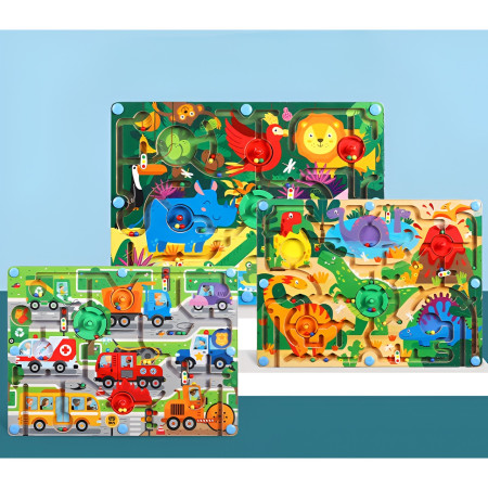 Joc Montessori de Sortare Culori, Cyrax, Creion Magnetic, Tip Labirint Ilustrat, din Lemn, Model Animale Salbatice, 39x29x1.5 cm