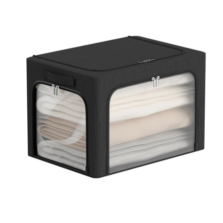 Cutie de Depozitare,  cu 3 Ferestre cu Fermoar Bidirectional, Cadru din Otel, Impermeabil, 38L, 42 x 30 x 30 cm, Negru