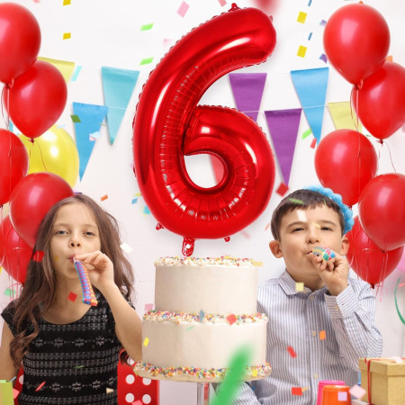 Balon din Folie Metalizata Cyrax, Figurina Cifra, Tema Aniversare 80 cm, Ambalaj Individual, Pai inclus, Umflare cu Aer sau Heliu, Rosu, Cifra 6