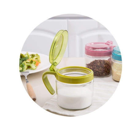 Recipient Condimente, Cyrax, din Stilca, 180 ml, cu Maner si Lingurita, 8 x 9 cm, Capac Transparent, Verde