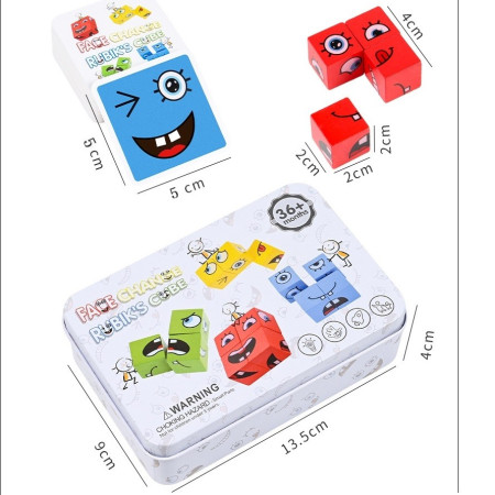 Jucarie Pentru Copii Montessori Cyrax, Cub din Lemn, Asamblare Fete, 64 de Carti Distractive, pentru Baieti si Fete, Varsta +3 ani, Educativ, Cutie din Aluminiu, 13.5 x 4 x 9 cm, multicolor