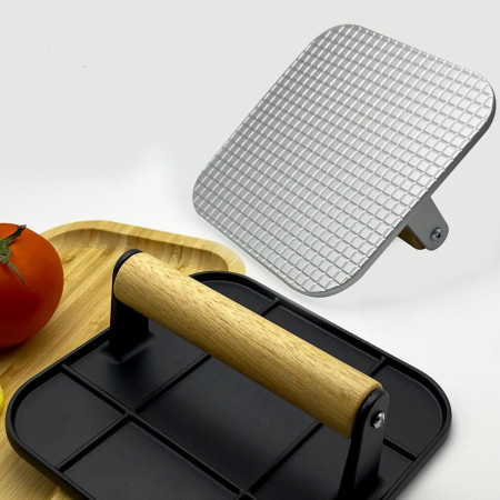 Presa Manuala pentru Carne, Cyrax, din Aliaj de Aluminiu, Maner din Lemn, Presa pentru Burgeri, Usor de Curatat si Folosit, Patrata, 16x16x6 cm, Neagra