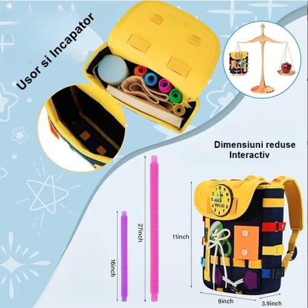 Ghiozdan Montessori, Cyrax, pentru Copii 2-6 ani, Fidget Pop, cu Catarame si Fermoare, Jucarii Senzoriale, Activitate de Invatare prin Joc, Albastru Marin, 0.25 kg, 28x10x23 cm