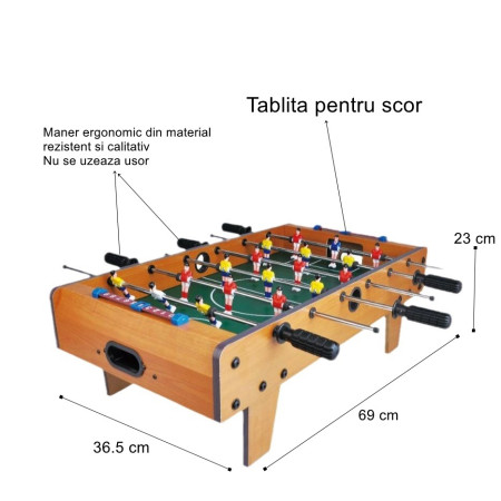 Masa de Fotbal cu Teren si 18 Jucatori Cyrax, 6 Manere, cu Tablou pentru Scor, din Metal, Lemn si ABS, 69 x 36.5 x 23 cm, cu Picioare, pentru copii/adulti