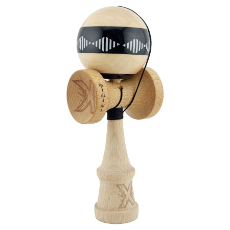 Kendama X FREQUENCY Originala, Profesionala, Cyrax, Big Cups V2, Super Sticky cu Cupe Mari, Rulment Metalic, din lemn 18 cm, Ata 55 cm, Negru/Maro