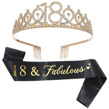 Set 2 Piese pentru Majorat, Cyrax, 15 x 13 x 5 cm, Coronita Printesa Gold si Panglica 18&Fabulous, Negru