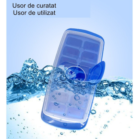 Forma pentru cuburi de gheata Cyrax, 14 cuburi, reutilizabil, plastic alimentar, cu capac, orificiu umplere, dreptunghiulara, 29.5 x 12.5 x4 cm, albastru