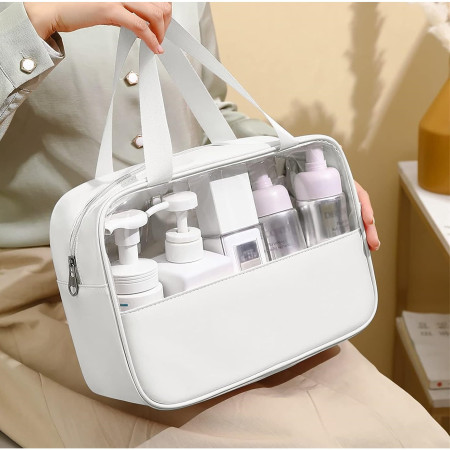 Geanta cosmetice Cyrax, pentru voiaj sau organizare, material PVC/textil, impermeabila, portabila, 26 x 15 x 10 cm, alb