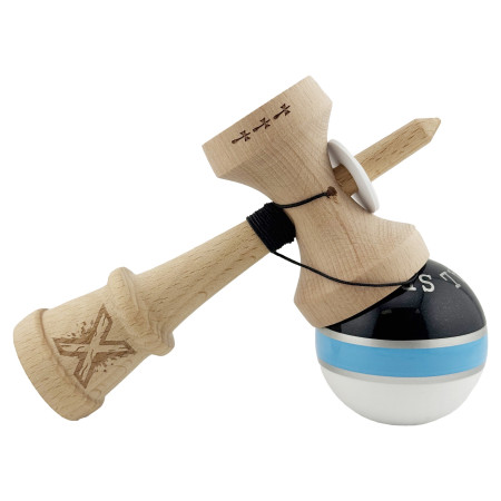 Kendama X Originala ROYAL SPIKE, Profesionala, Cyrax, Cupe Mari KING SIZE V3, Super Sticky, Gaura in Baza, Rulment Metalic, din lemn 18 cm, Ata 55 cm, Inel Albastru deschis