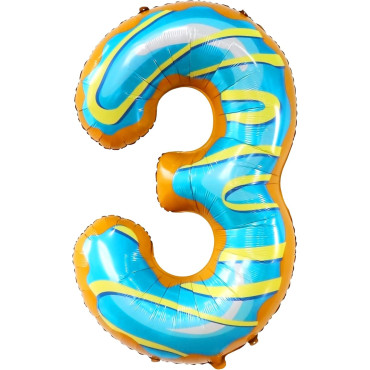 Balon din Folie Metalizata Cyrax, Figurina Cifra, Imprimeu Gogosi, Tema Aniversare 100 cm, Ambalaj Individual, Pai inclus, Umflare cu Aer sau Heliu, Multicolor, Cifra 3
