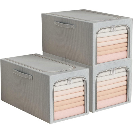 Cutie de Depozitare,  31L, din In si Bumbac, Pliabila, Cadru din Otel, 45 x 30 x 23 cm, Albastru Fumuriu