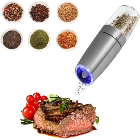 Rasnita Electrica Sare si Piper, Cyrax, cu Camera Depozitare Transparenta, Macinare, Functionare pe Baterii, cu Lumina, ABS, 20x6.5 cm, Argintiu/Transparent
