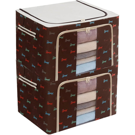 Cutie de Depozitare Pliabila,  66 L, din Tesatura Oxford, 50x40x33 cm, Fereastra Frontala, 2 Usi de Acces cu Fermoar Bidirectional, Cadru Metalic, Suport Baza Stabil din Plastic, Imprimeu Catelusi, Maro