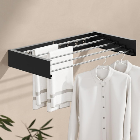 Suport Haine,  Depozitare si Uscare Rufe, din Aluminiu, Pliabil, Impermeabil, Montare prin Perforare, 100 cm, Negru