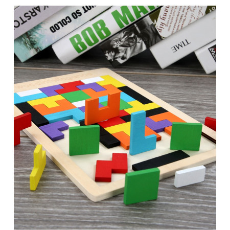 Puzzle Montessori, Cyrax, din Lemn, Tip Tetris, +36 Luni, Forme Neregulate, 40 Piese, 26.5 x 17.7 cm, Multicolor