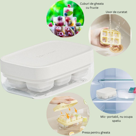 Forma pentru gheata cu presa Cyrax, din silicon alimentar, 6 cuburi, caserola pentru depozitare, usor de folosit si curatat, 10.5 x 7.5 x 4.1 cm, alb