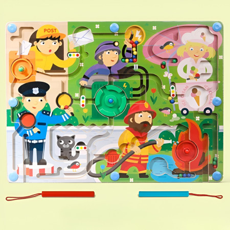 Joc Montessori de Sortare Culori, Cyrax, Creion Magnetic, Tip Labirint Ilustrat, din Lemn, Model Meserii, 39x29x1.5 cm