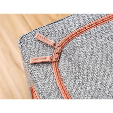 Cutie de Depozitare Pliabila,  24 L, din Bumbac si In, 40x30x20 cm, Fereastra Frontala, 2 Usi de Acces cu Fermoar Bidirectional, Cadru Metalic, Suport Baza Stabil din Plastic, Gri