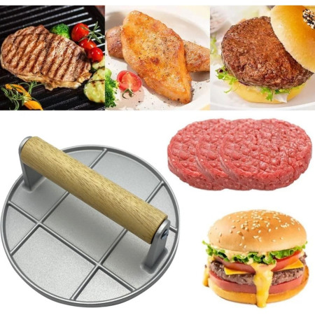 Presa Manuala pentru Carne, Cyrax, din Aliaj de Aluminiu, Maner din Lemn, Presa pentru Burgeri, Usor de Curatat si Folosit, Rotunda, 16x16x6 cm, Gri