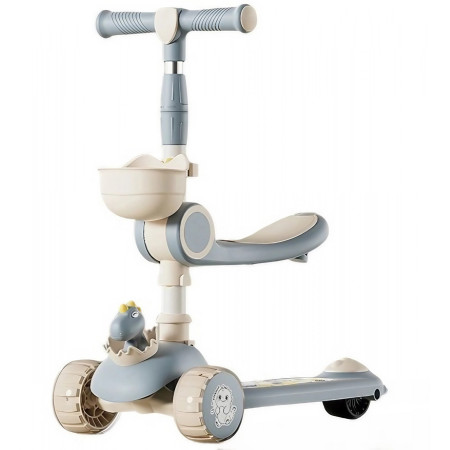 Trotineta Multifunctionala 3 in 1, Cyrax, pentru Copii, 1-7 Ani, cu Lumini si Muzica, Reglabil 360, Pliere Usoara, Reglarea Inaltimii, Model Dinozaur, Bej/Albastru