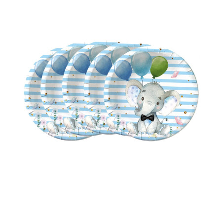 Set 10 Farfurii Unica Folosinta, Cyrax, Imprimeu Elefant, din Carton, 22 cm, Albastru