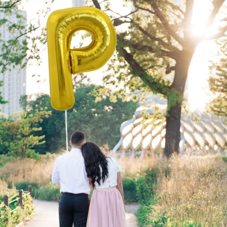 Balon Folie Metalizata Litera P, Cyrax, 80 cm, Umflati cu Heliu sau Aer, Ambalaj Individual, Pai inclus, Auriu