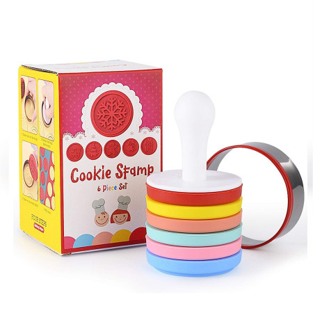 Set 6 stampile pentru prajituri Cyrax, tematica de Craciun, din silicon alimentar non-toxic, taietor aluat inclus, 6 cm,  maner din plastic, compact, usor de depozitat,