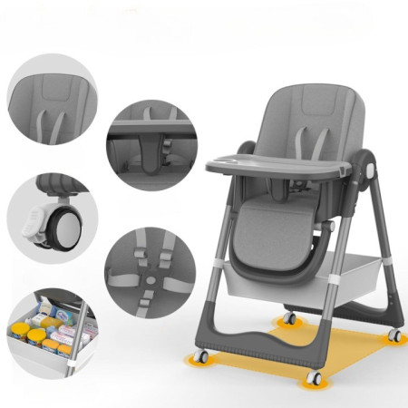 Scaun de Masa pentru Bebelusi si Copii, Cyrax, 2 Tavite si Husa Detasabile, Multifuncțional, Stabil, Centura de Siguranta, Inaltime Ajustabila, Spatar Reglabil Moale, Cos de Depozitare, 100x50x80cm, de la 6 Luni, Gri