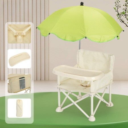 Scaun de Masa pentru Bebelusi si Copii, Cyrax, Tavita si Husa Detasabile, Multifuncțional, Stabil, Centura de Siguranta, Cos de Depozitare, Bej, cu Umbrela Verde, de la 6 Luni