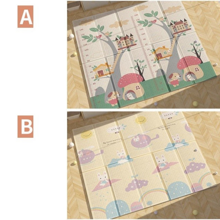 Covoras pentru Copii, Cyrax, cu 2 Fete, Model Casute in Copaci/Iepurasi, din XPE+PE, Impermeabil, Antiderapant, Protectie Termica, +3 Luni, Pliabil, 150 x 200 x 1.5 cm, Multicolor