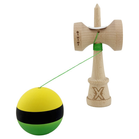 Kendama X Originala, Profesionala, Cyrax, Cupe Mari KING SIZE V3, Rubber Grip, Gaura in Baza, Rulment Metalic, din lemn 18 cm, Ata 62/65 cm, M Galben/Negru/Verde