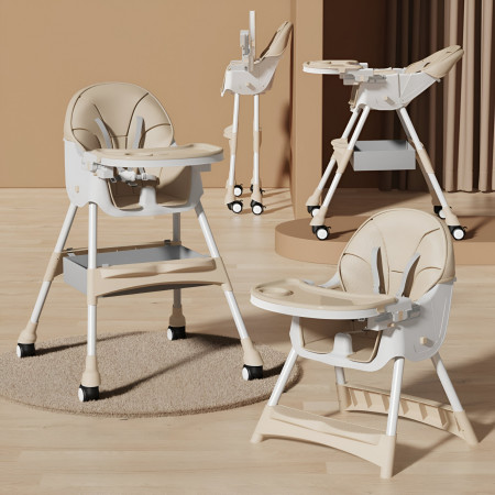 Scaun de Masa pentru Bebelusi si Copii, Cyrax, cu Roti, Telescopic, Pliabil, Masuta Reglabila, Suport Picioare, Scaun cu Invelis Piele Artificiala, Centura Siguranta, Spatiu Depozitare, 97x73x65 cm, Bej