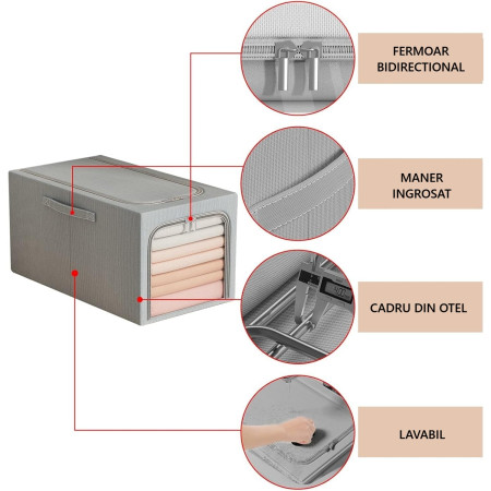 Cutie de Depozitare,  49L, din In si Bumbac, Pliabila, Cadru din Otel, 47 x 35 x 30 cm, Albastru Fumuriu