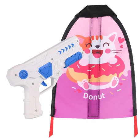 Set 2 Piese Jucarie Interactiva, Cyrax, Pistol de Catapultare + Zmeu, din Plastic si Panza, +8 Ani, Impermeabil, Model Pisicuta cu Gogoasa, Multicolor