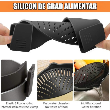 Strecurator Filtru pentru Vase, Cyrax, din Silicon Rezistent la Temperaturi Inalte, Universal, Paste, Legume, Fructe, 23x12.5x6.7 cm Negru