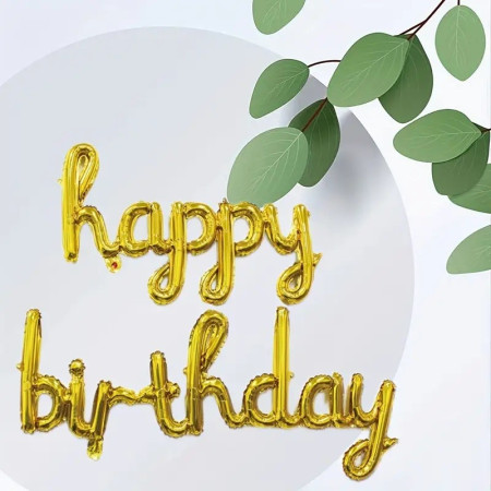 Set 10 Baloane din Folie Metalizata, Cyrax, Figurine Litere, Model Scris de Mana Happy Birthday, Tema Aniversare, 40 cm, Ambalaj Individual, Pai Inclus, Umflare cu Aer sau Heliu, Auriu