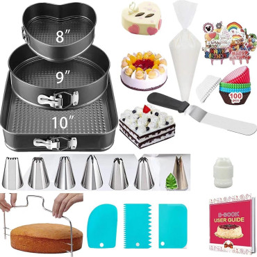 Set de 216 Piese de Copt pentru Prajituri, Cyrax, 3 Tavi de Copt, Nivelator, Forme Cupcake, Pos pentru Ornat cu 7 Capete, Feliator Tort, din Otel Inoxidabil, Multicolor