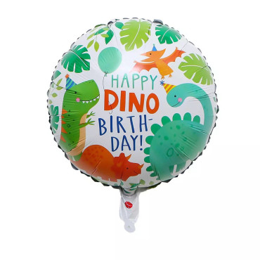 Balon din Folie Metalizata, Cyrax, Mini Figurina Rotunda, Model Happy Birthday cu Dinozauri, Tema Aniversare, 45 cm, Ambalaj Individual, Pai inclus, Umflare cu Aer sau Heliu, Multicolor
