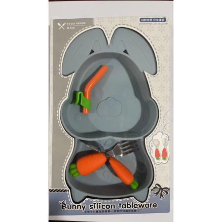 Set diversificare bebelusi Cyrax, din silicon, 26 x 15 cm, 1 farfurie compartimentata in forma de iepure, lingurita si furculita, pai, perie pai, fara alergeni, ventuza fixare,  forma creativa,  bleumarin