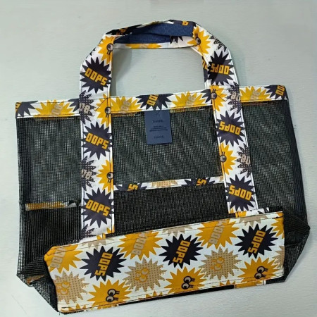 Geanta de Plaja, Cyrax, din Plasa Transparenta, Imprimeu Oops, 43 x 10 x 33 cm, Model pentru Umar, Lungime Inferioara 33 cm, Negru