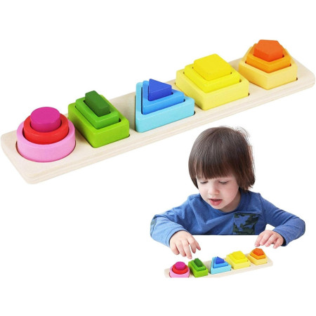 Jucarie Montessori din Lemn, Cyrax, Tip Puzzle, cu 5 Forme Asimetrice, 15 Piese, Educativa, Interactiva, Creativa, Model Forme Geometrice, Materiale Non Toxice, +2 Ani, 29x6.5 cm, Multicolor