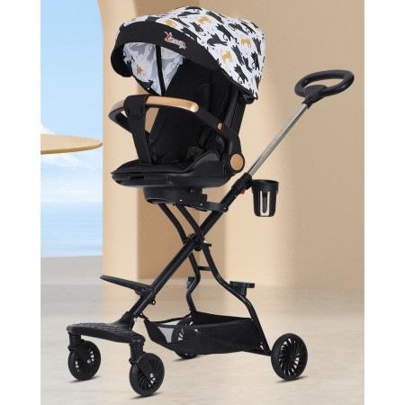 Carucior Sport Cyrax 3in1, 6-36 Luni, Reversibil, Pliabil, Tavita pentru Masa, Pozitie de Somn, Centura de Siguranta, Roti 360, Suport Pahar, Copertina pentru Soare, 32x63x95cm, Negru Model Pisicute