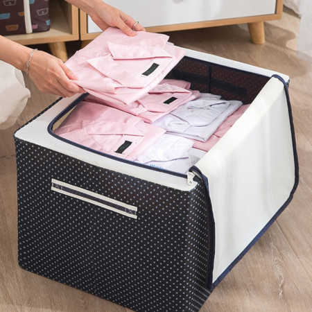 Cutie de Depozitare Pliabila,  Cu Fermoar, 100 L, Textil, 60x42x40 cm, Albastru Marin, Cadru Metalic, Suport Baza Stabil din Plastic, Imprimeu buline