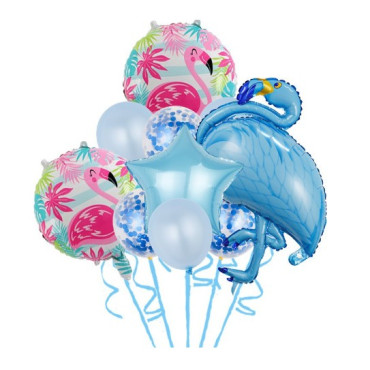 Set Baloane party aniversare, Cyrax, din Folie de aluminiu si Latex, set din 10 baloane Flamigo Party, 1 stea, 5 baloane latex, 2 rotunde, 60 -90 cm, Albastru