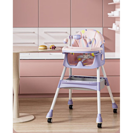 Scaun de Masa pentru Bebelusi si Copii, Cyrax, 2 Tavite cu Jucarii si Husa Detasabile, Multifuncțional, Stabil, Centura de Siguranta, Spatar Reglabil Moale, Balansoar, Cos de Depozitare, de la 6 Luni, 97x73x65cm, Mov